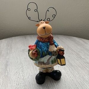 Bobblehead Christmas Moose with Wire Antlers 6.5" Ceramic Sparkly Shelf Accent